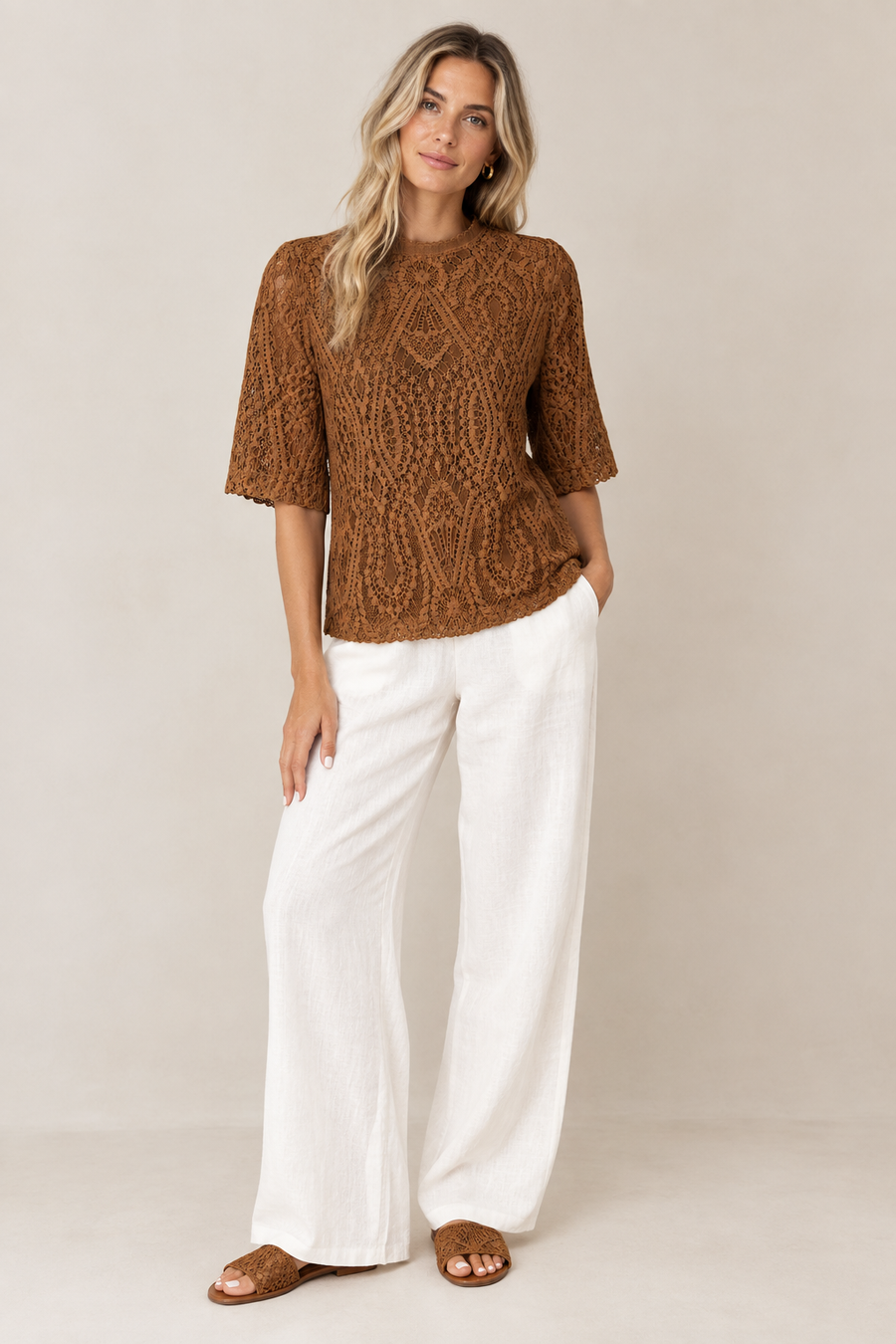 ELLA LACE TOP - CARAMEL
